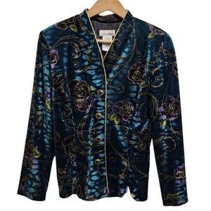 After Dark Velvet Blazer Womens 8 Blue Purple Floral Gold Metallic Button Vtg